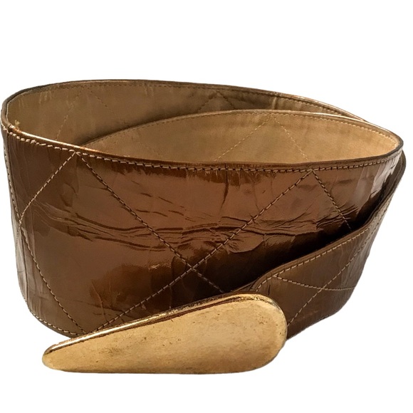 Retro Belt Embossed Copper Color Wide Belt Narrows to Gold Teardrop Buckle Sz M - Picture 12 of 13